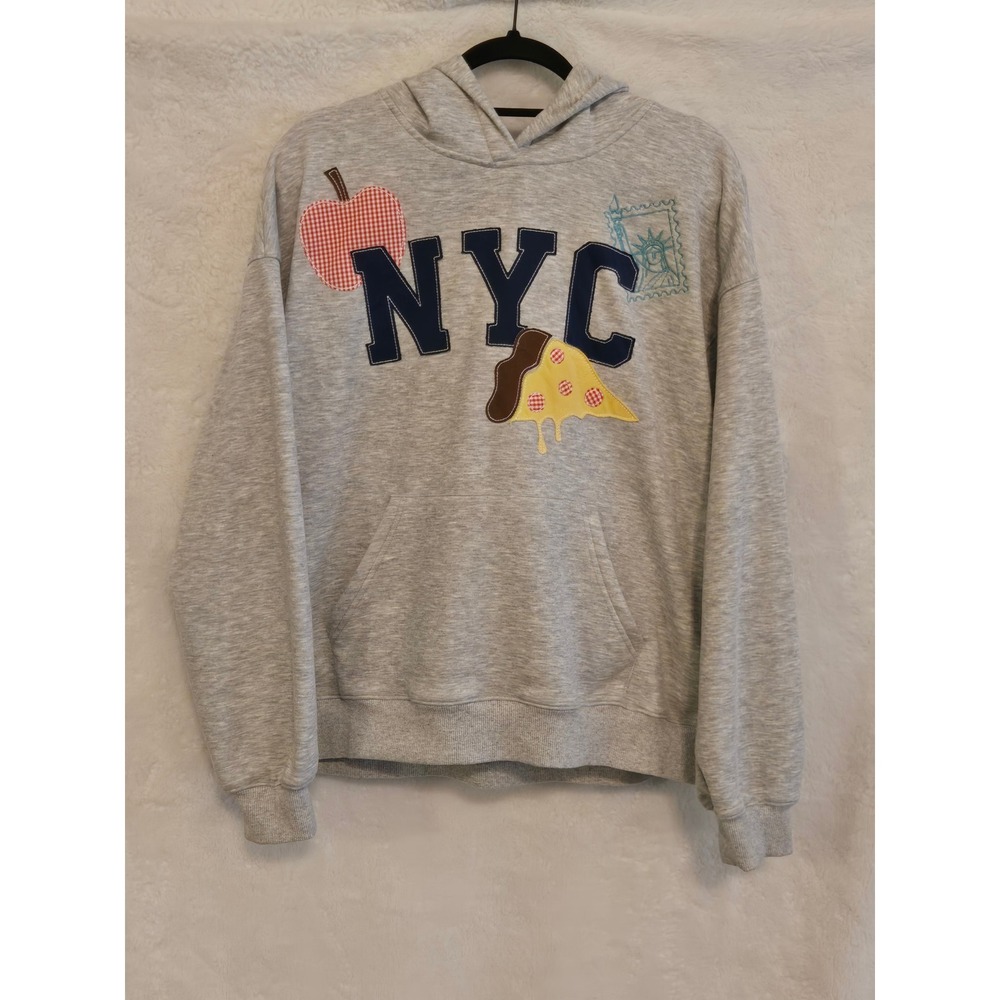 Altar'd State Women's Medium Sweatshirt NYC Patchwork Hoodie Gray Pizza Apple